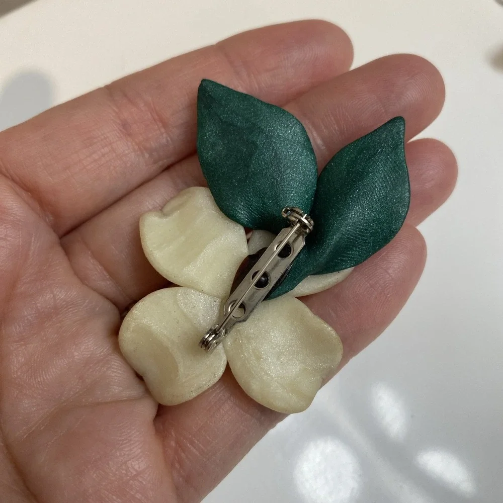 Vintage Porcelain Dogwood Flower Brooch Pin White Yellow Center Mothers Day Gift